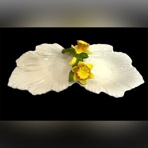 Vintage White and Yellow Porcelain Daffodil Two-Sided Serving Dish Made in Japan